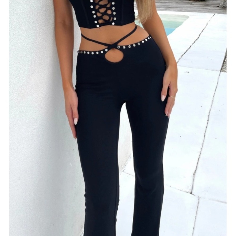 Outcast Angela Pant Black Grommet Studded Flare Pants XS Low Rise Festival